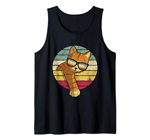 orange cat wearing sunglasses on black tank