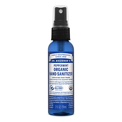 Spray bottle of Dr. Bronner's peppermint organic hand sanitizer