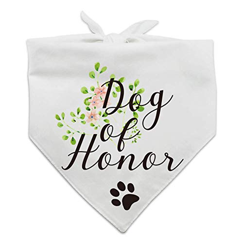 dog bandana with floral and paw print detail and text saying "Dog of Honor"