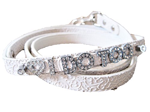 "I Do Too" in rhinestone letters on white textured dog leash for wedding