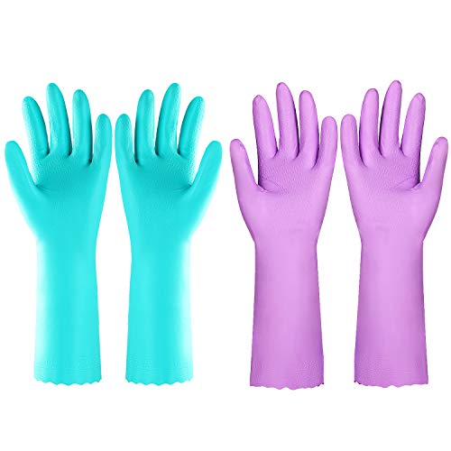 Two pairs of Elgood rubber gloves, blue and purple
