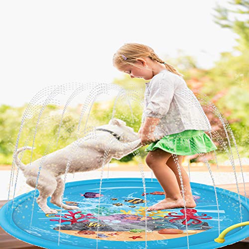 toddler and puppy playing on Flyboo sprinkler mat