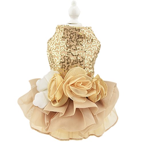 Bling Dress wedding outfit for dogs with gold sequin bodice and nude colored tulle skirt with large fabric flowers on back