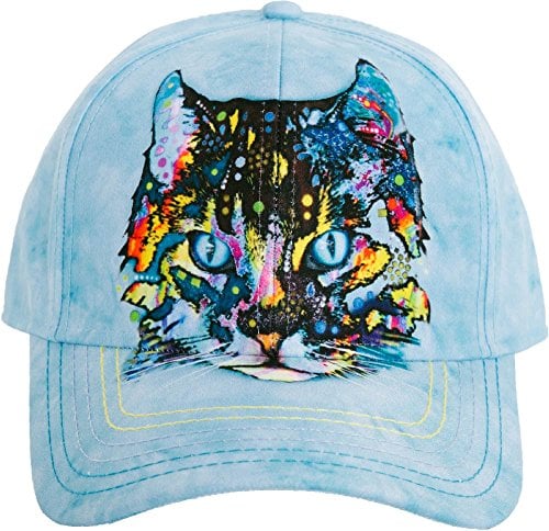 blue hat with colorful cat face screen print
