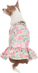 dog wearing wedding outfit dress with pale pink flower print