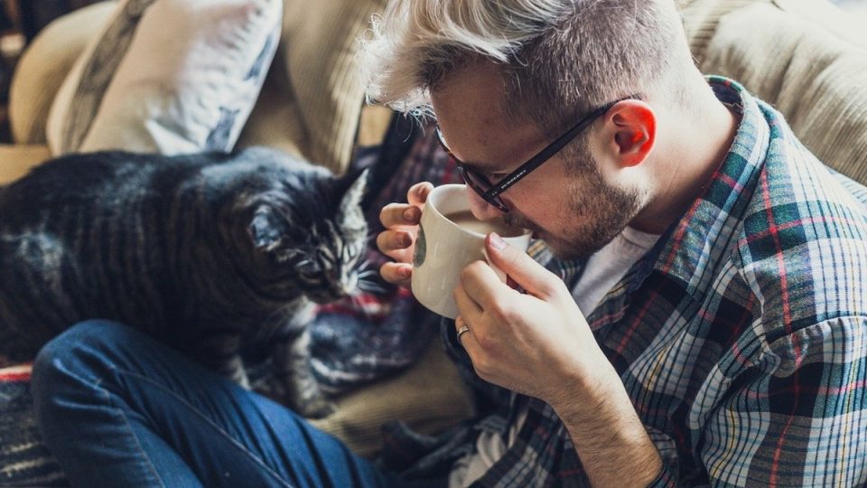 man drinking coffee with cat