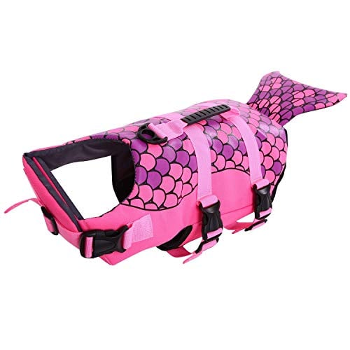 dog beach accessory life jacket in pink with fish scale pattern and tail
