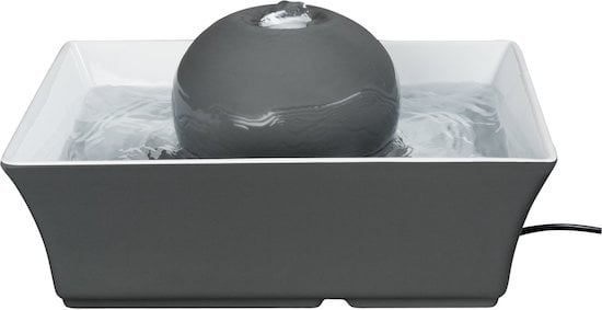 gray Drinkwell Seascape rectangular dish with water and orb in center cascading water