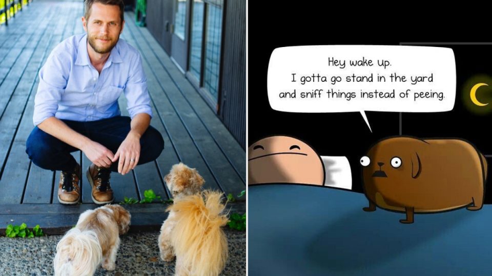 Matthew Iman, his dogs, and a comic strip panel