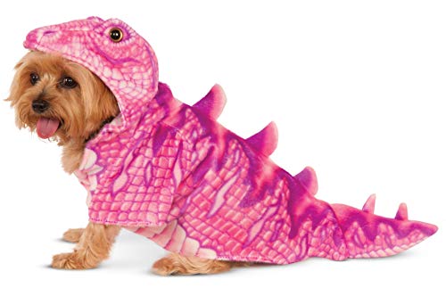 dog in pink dino costume with hood