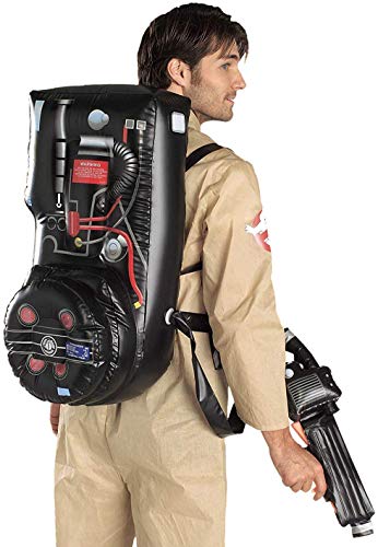 man dressed in khaki jumpsuit wearing inflatable Ghostbusters backpack