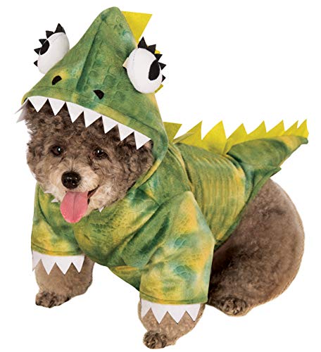 dog in green and yellow dinosaur hoodie costume with big cartoon eyes on head