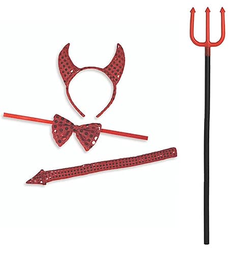 red sequined devil headband, bow tie, and tail, plus pitchfork