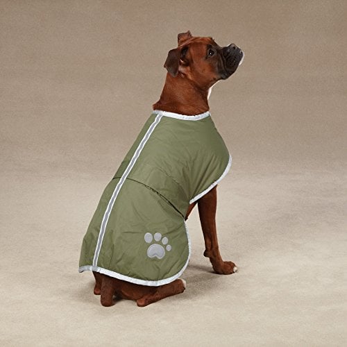 Dog in olive green Zack and Zoey Nor'easter Dog Blanket coat