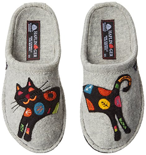 pair of Haflinger wool slippers with cat embroidery