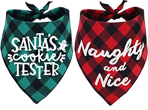 two bandanas, one in green and black checks and "Santa's cookie tester" and another in red and black checks with "Naughty and nice"