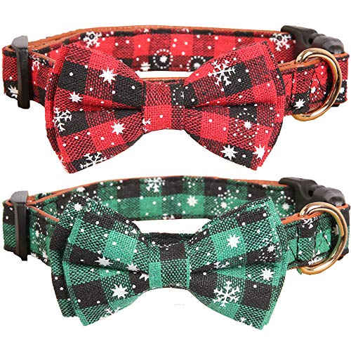 collars styled like bow ties, one in red and black plaid and one in green and black plaid