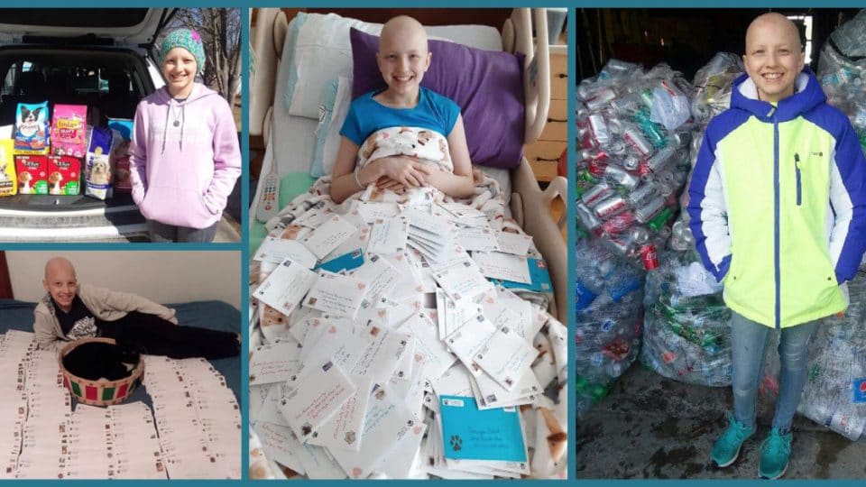 teenage cancer fighter Avery surrounded by gift cards she send to animal shelters