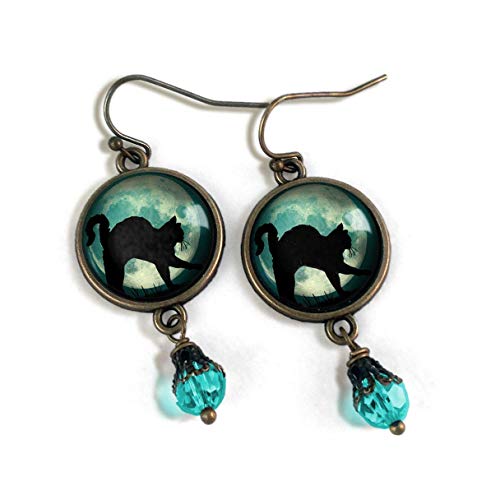dangling cat silhouette and bead earrings