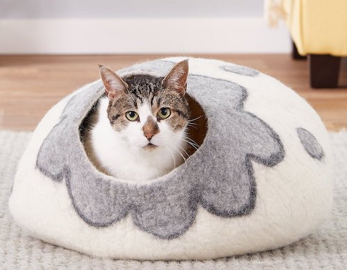 gray and white felted wool kitten cave