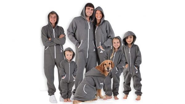 gray hooded matching dog and owner pajamas