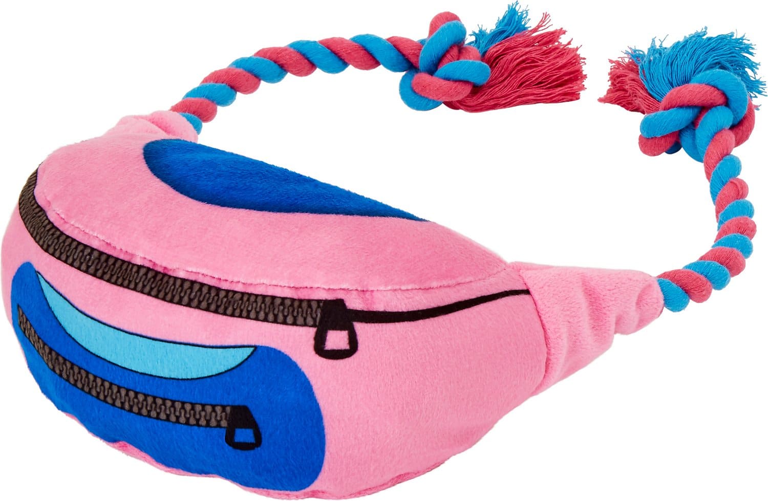 Pink fanny pack dog toy with tuggable red and blue rope straps