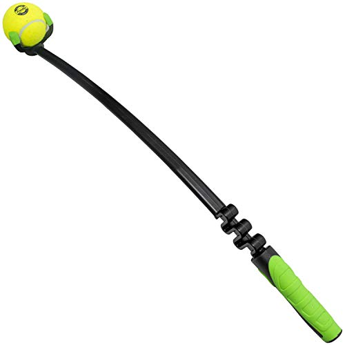 Franklin Pet Supply Tennis Ball Launcher, black launcher green handle holding tennis ball at top