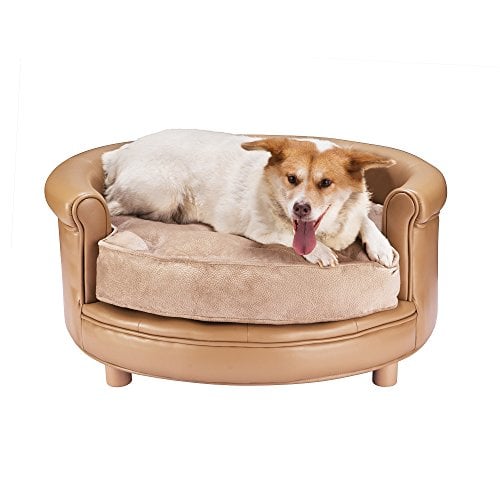 dog in round faux leather luxury sofa-style bed