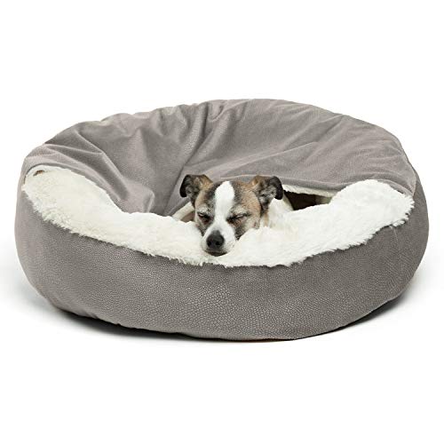 dog burrowed inside round gray with fleece lining bed with cover from Amazon