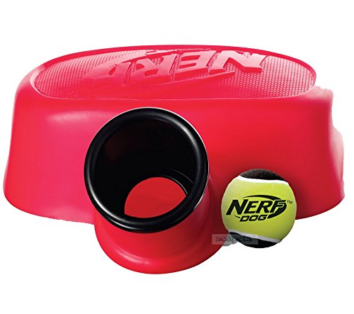 red Nerf Dog Toys Tennis Ball Stomper with tennis ball next to it