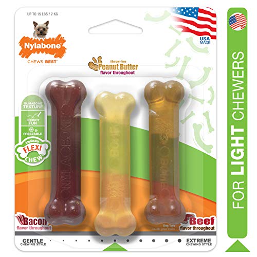 three different color Nylabone FlexiChew Triple Pack Small Chew Toys in bacon, peanut butter, and beef flavors in package