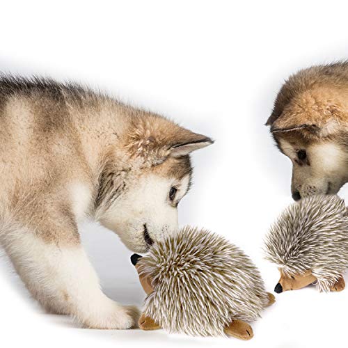 Two puppies sniffing two Pawaboo Faux-Fur Hedgehog Dog Toys