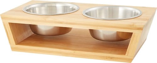 Stainless steel cat bowls set in wooden trough