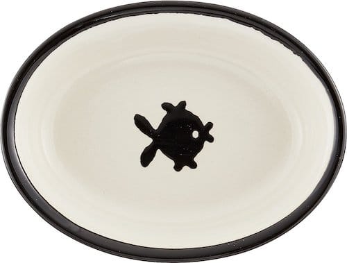 ceramic cat food bowl with black fish design on bottom