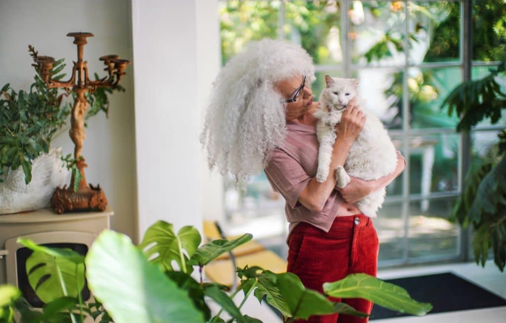 woman with long white hair holding a white cat
