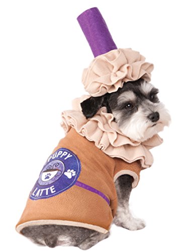 dog dressed as puppy latte, with straw and foam headpiece