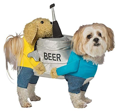 dog wearing beer keg costume designed to look like two dogs carrying it