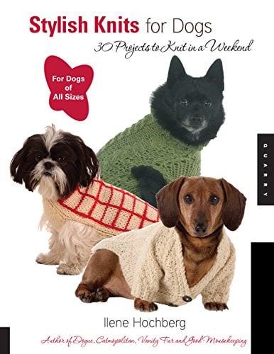 cover of book on how to knit a dog sweater, with three dogs in different styles of sweaters