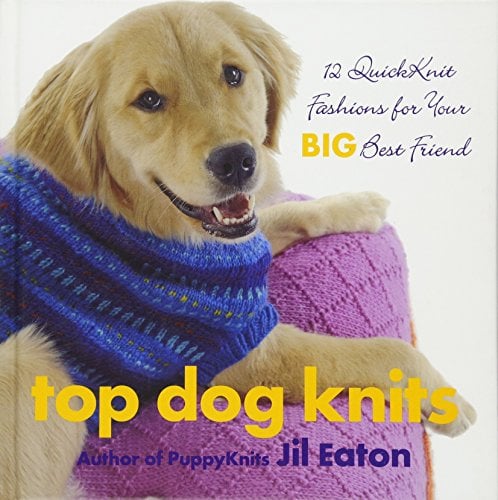 "Top Dog Knits" book cover with yellow Lab on cover wearing a knit blue sweater