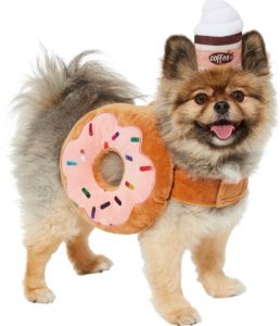dog in donut body Halloween costume with coffee hat