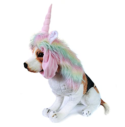 stuffed animal wearing pale rainbow unicorn wig