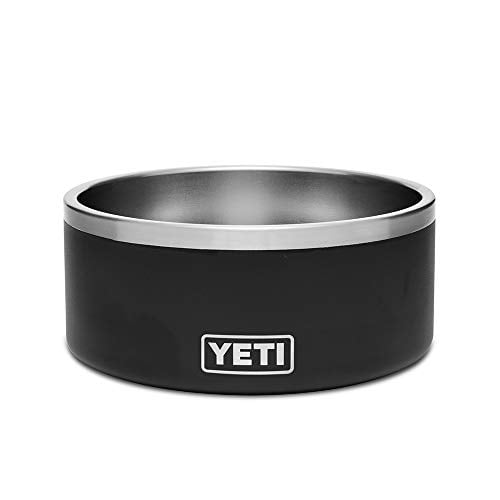 Large stainless steel dog bowl with "Yeti" printed on the matte black front
