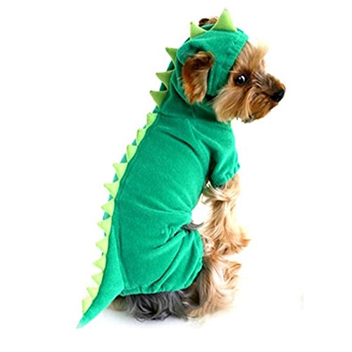 small dog wearing dinosaur onesie costume with hood