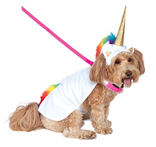Small dog in unicorn costume with horn and pink leash