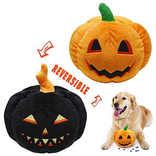 Plush Reversible Treat Hiding Squeaky Pumpkin Dog Toy, one side orange jack-o-lantern, other side black pumpkin