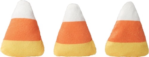 Three candy corn plush toys for cats