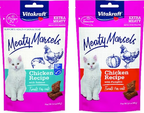 Two bags of meaty morsels with salmon and pumpkin for cats