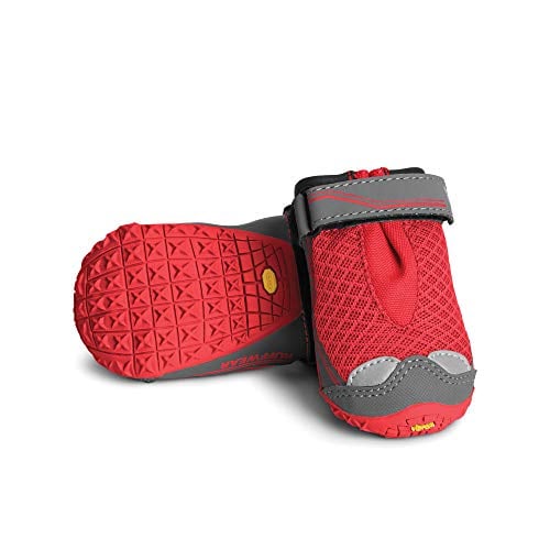 single pair of red Ruffwear Grip Trex dog boots