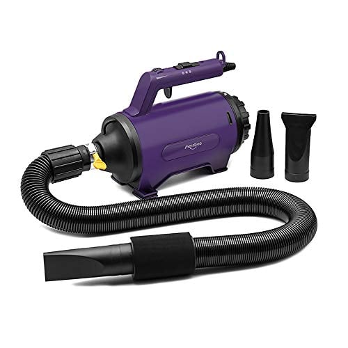 Portable purple dog hair dryer with attached hose.