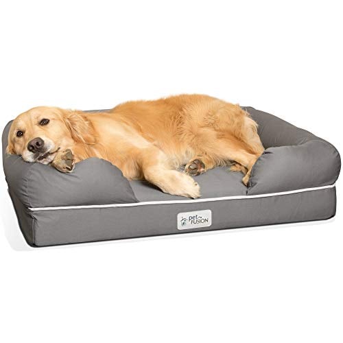 dog lying on gray PetFusion bolstered orthopedic bed to ease hip dysplasia